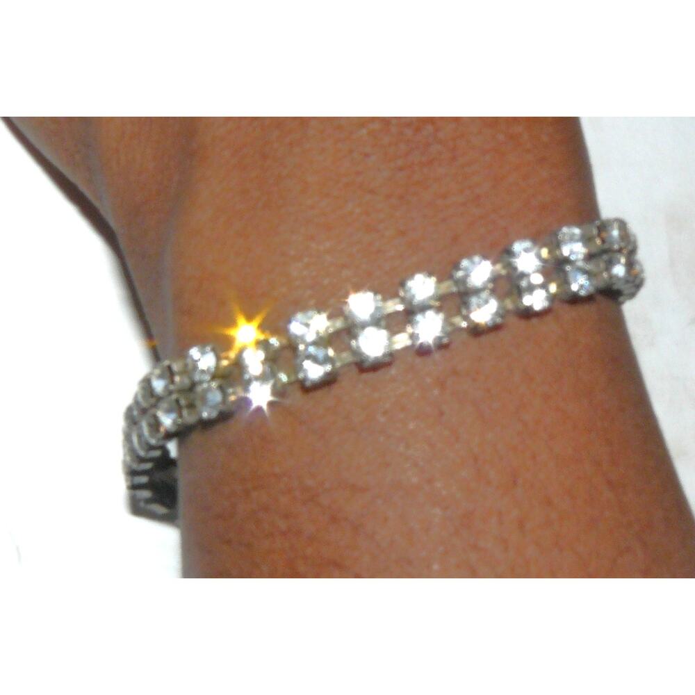 Vintage Rhinestone Double Row Tennis Bracelet Silver Band for Women 6.5" MCM